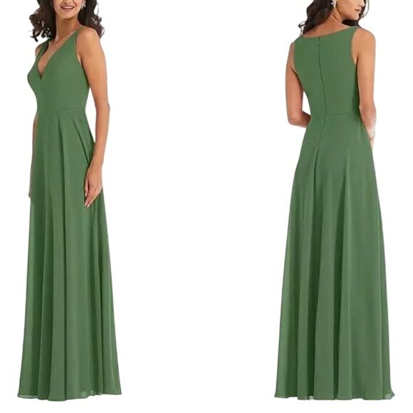 NEW After Six Deep V-Neck Chiffon Maxi Dress in Vineyard‎ Green Size 8 - Picture 2 of 15